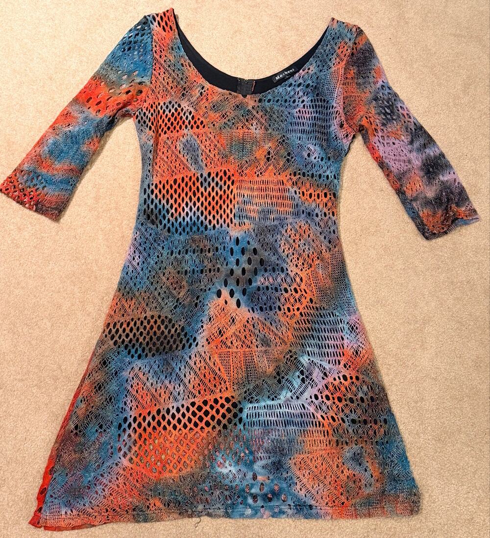 Mechant Women Tie Dye Open Knit Mesh Scoop Neck 3/4 Sleeve Dress Size L